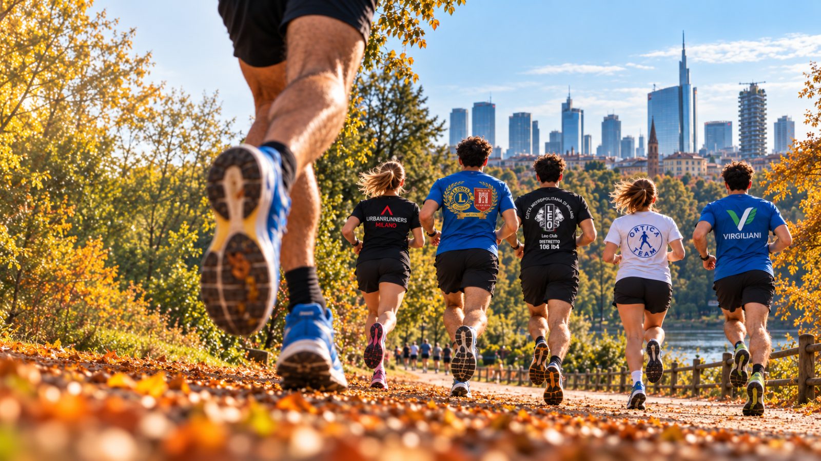 Cinque corridori con le maglie delle associazioni promotrici lungo un viale alberato, con lo skyline di Milano sullo sfondo